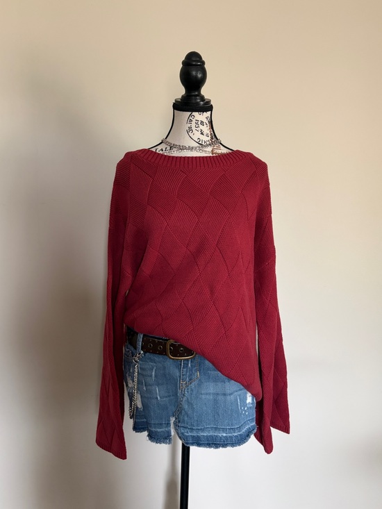 French Dressing Tops - FDJ French Dressing Red Bell Sleeve Drop Shoulder Diamond Knit Boatneck Sweater